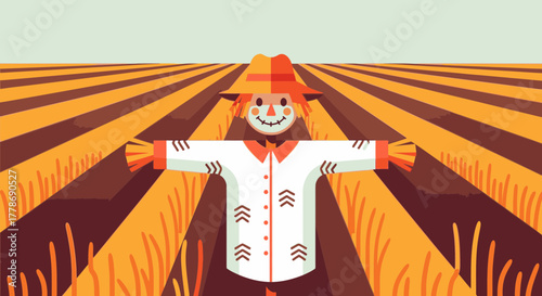 A smiling scarecrow stands in a vast, plowed agricultural field during the autumn harvest season.