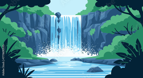 A serene waterfall cascades down a rocky cliff into a tranquil river, surrounded by a lush green forest in a vector art style.