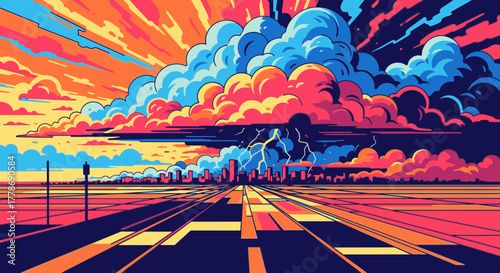 A vibrant, stylized illustration of a long road leading to a city under a dramatic, colorful storm cloud with lightning.