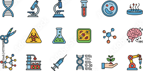 Colorful science and laboratory research icon set on a white background.