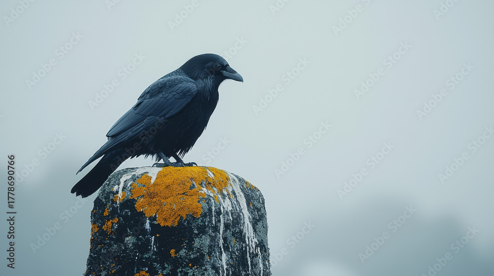 Fototapeta premium Black raven perched on a lichen-covered stone pillar against a misty grey sky.