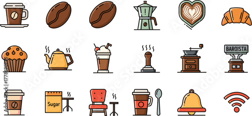 A colorful collection of coffee shop and cafe related vector icons.