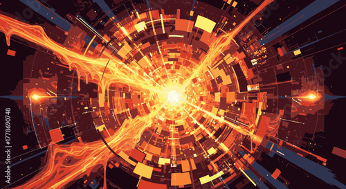 Abstract visualization of a fiery, high-energy explosion in a futuristic digital dimension.