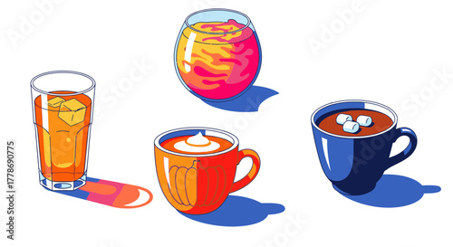 A vibrant collection of illustrated hot and cold beverages in mugs and glasses, including coffee, cocoa, and iced tea.