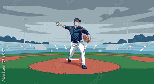 Illustration of a baseball pitcher wearing a face mask on a mound in an empty stadium.