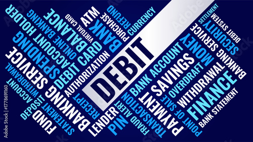 Debit transaction word cloud, banking service and finance terminology illustration