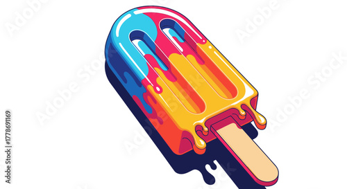 A vibrant, multi-colored popsicle melting on a stick, depicted in a clean vector art style against a white background.