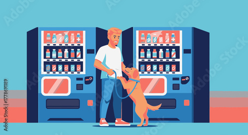 A young man with his friendly dog standing in front of two blue vending machines, choosing a drink.