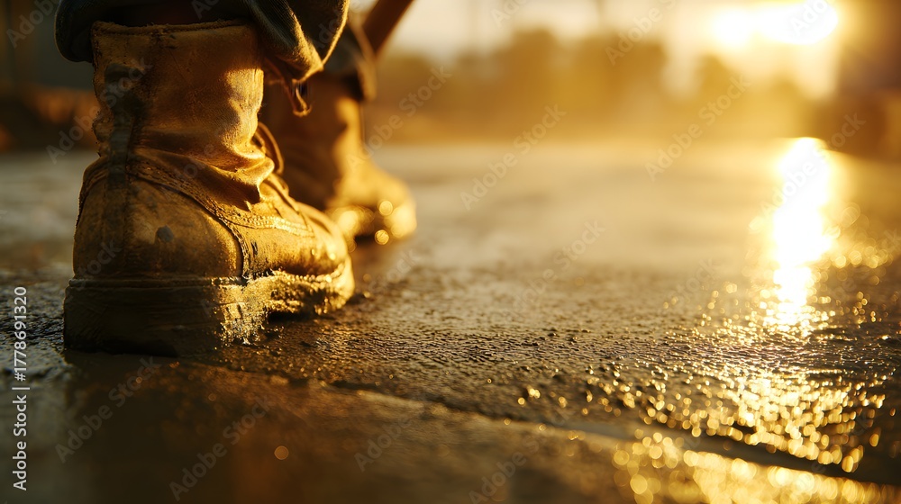 Naklejka premium Heavily soiled work boots stand in wet ground bathed in warm sunlight