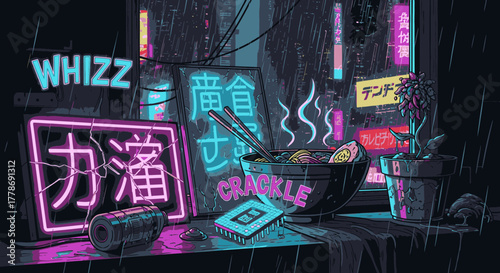 A cyberpunk cityscape view from a rainy window with a bowl of ramen and glowing neon signs on a desk.