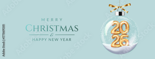 Christmas and New Year black background with transparent glass ball with numbers 2026	
