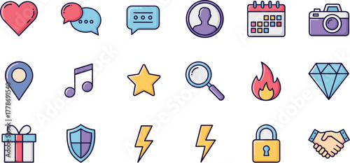 Colorful hand-drawn icon set for web and mobile applications.