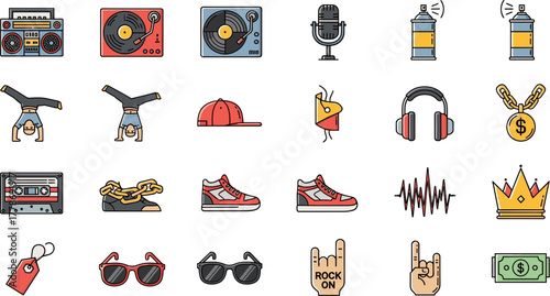 Hip Hop Culture and Rap Music Icon Set Collection.