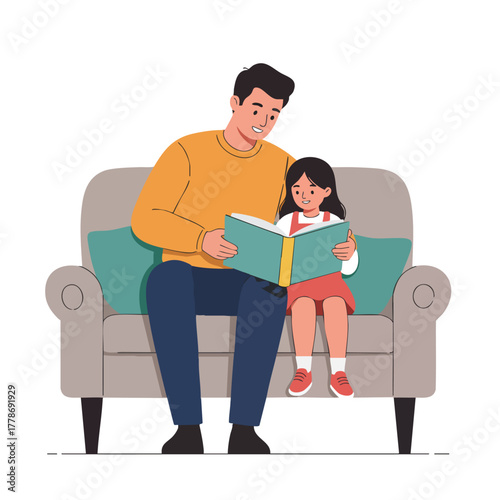 Father sitting beside his little daughter teaching her to read a colorful book