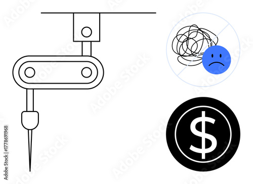 Robotic arm operating machinery, blue frowning face with scribbles, and dollar sign highlighting automation, efficiency, workplace stress, financial concerns, innovation, productivity, simple flat
