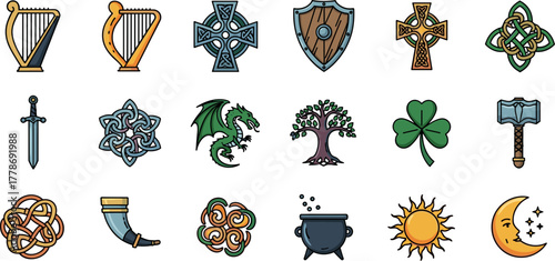 Colorful Set of Ancient Celtic and Scandinavian Symbols on White Background.