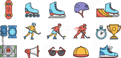 Set of hand-drawn color icons for sports and active lifestyle.