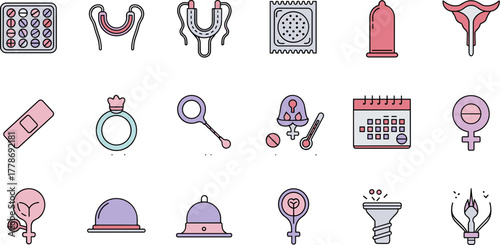 Colorful outline icon set for contraception sexual health and family planning.