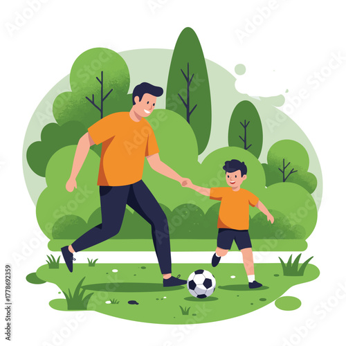 Father and son playing soccer together in a green park