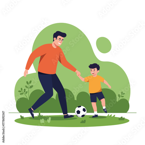 Father and son playing soccer together in a green park
