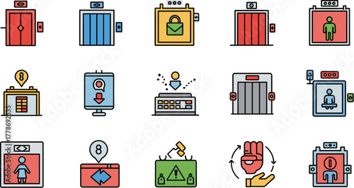 Colorful Line Icon Set Featuring Elevators and Lifts.
