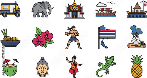 Thailand travel and culture icon set with famous symbols.