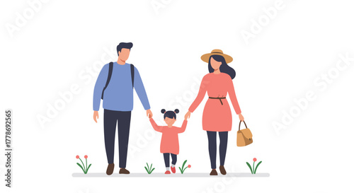 Small family (father, mother, child) walking together outdoors, 
