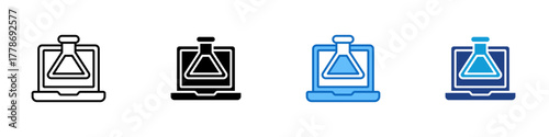 Online Experiment Multiple Style Icon Design Vector - laboratory flask displayed on a laptop screen, symbolizing digital research and online experimentation