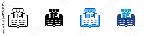 Book Store Multiple Style Icon Design Vector - open book with a storefront awning, representing a bookstore or online reading shop