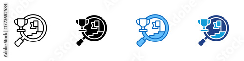 Achievement Goals Multiple Style Icon Design Vector - magnifying glass viewing a trophy and stairs, symbolizing success and progress through goal setting