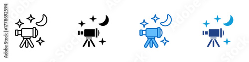 Telescope Night Multiple Style Icon Design Vector - telescope pointed at stars and the moon, symbolizing astronomy and night observation