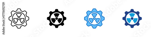 Nuclear Energy Multiple Style Icon Design Vector - radiation symbol inside a gear, representing nuclear power, energy, and scientific technology