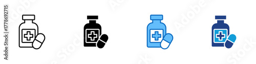 Medicine Bottle Multiple Style Icon Design Vector - medicine bottle with a capsule, symbolizing healthcare, pharmacy, and medical treatment