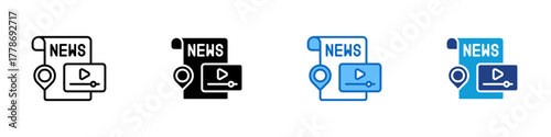 News Portal Multiple Style Icon Design Vector - news scroll with a play button and location pin, representing online journalism and media updates