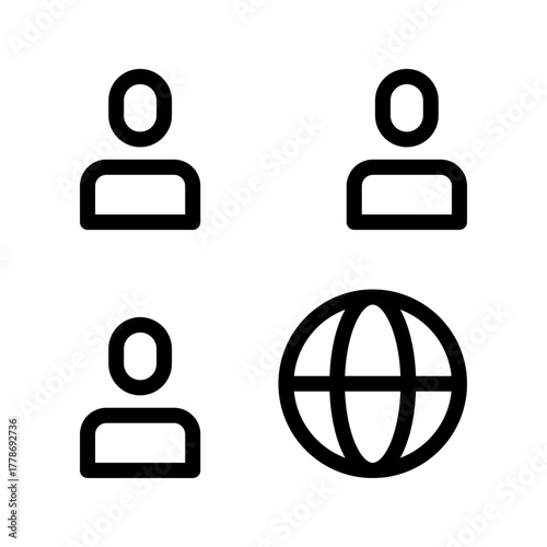 Global Team icon set featuring international workforce, diverse collaboration, remote teamwork, and corporate unity symbols in clean minimal line art style