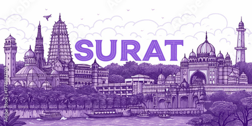 Surat Skyline Sketch with Iconic Landmarks and Cultural Heritage for Tourism Promotion | Hand-drawn Cityscape Art for Travel Branding