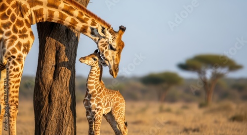Fototapeta Naklejka Na Ścianę i Meble -  Adult giraffe and baby calf bonding in savanna landscape