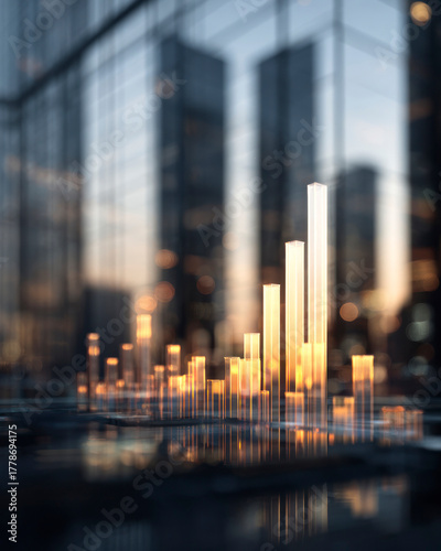 Golden data bars rising over futuristic city skyline, representing digital finance, growth, analytics, and innovation concept.