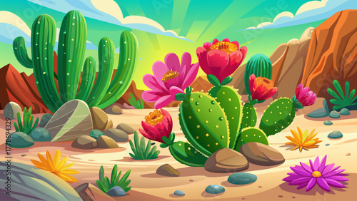 A prickly green cactus with bright pink and yellow flowers blooming in a warm desert garden, surrounded by sand, stones, and sunlight, capturing vibrant natural beauty and resilience