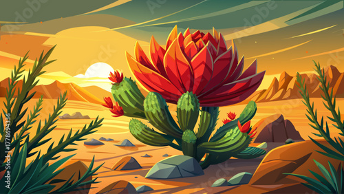 A desert succulent plant with thick prickly leaves and vivid red and orange blossoms, glowing under golden sunlight in a dry landscape, representing beauty and strength in nature, detailed vector art