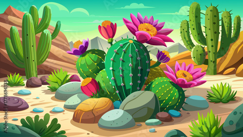 A prickly green cactus with bright pink and yellow flowers blooming in a warm desert garden, surrounded by sand, stones, and sunlight, capturing vibrant natural beauty and resilience