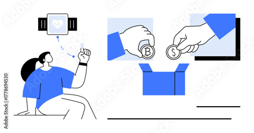 Woman monitoring health on wearable device, hands exchanging cryptocurrency and cash. Ideal for fitness, health, tech, crypto, finance, fintech innovation. Simplified flat metaphor