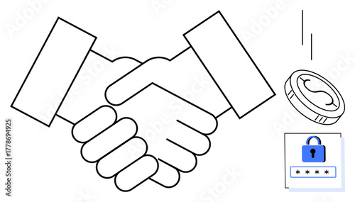 Handshake symbolizing agreement, password entry for security, and coin depicting financial value. Ideal for trust, collaboration, finance, security, partnership contract teamwork. Simple flat
