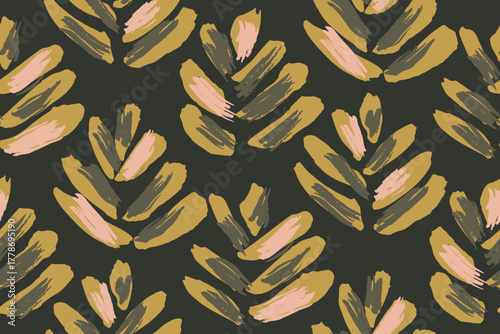 One directional pattern of painted leaves with textured brush strokes in colors of pink, green and yellow on black background. Tropical foliage seamless vector pattern. Great for home decor, fabric.
