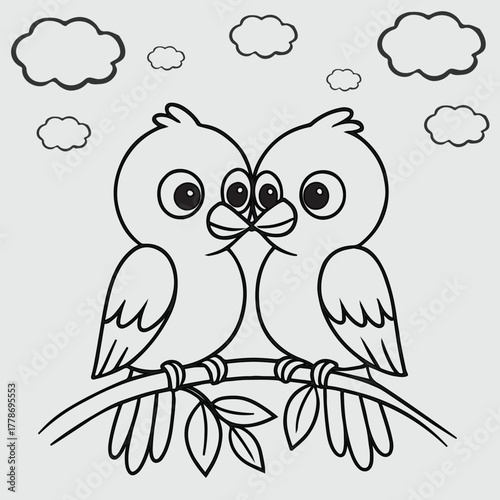 Cute Lovebirds on a Branch Coloring Page