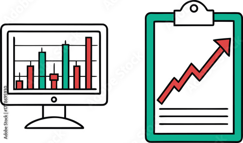 Bar chart on computer screen and rising arrow on clipboard graph