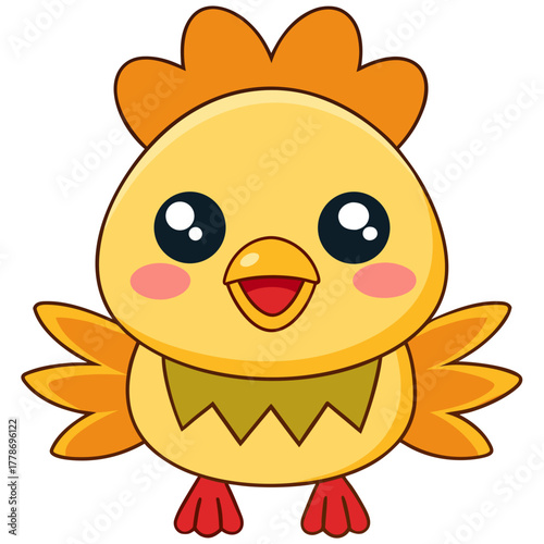 Adorable cartoon baby chick with big eyes and orange crest smiling with open beak and rosy cheeks isolated on white background silhouette