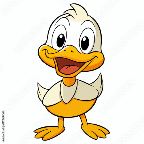 A cheerful cartoon baby duckling with large eyes and an open beak standing and smiling isolated on white background silhouette