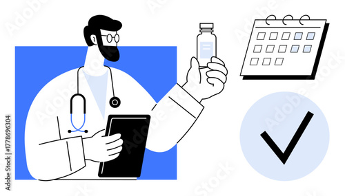 Male doctor in glasses holding a vaccine bottle and tablet, next to a calendar and checkmark. Ideal for healthcare, vaccination, medical research, scheduling, appointments, healthcare planning