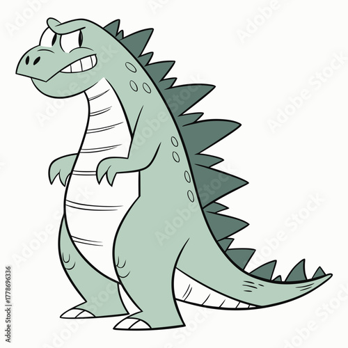 A cartoon green dinosaur with sharp teeth and spikes on its back standing confidently isolated on white background silhouette